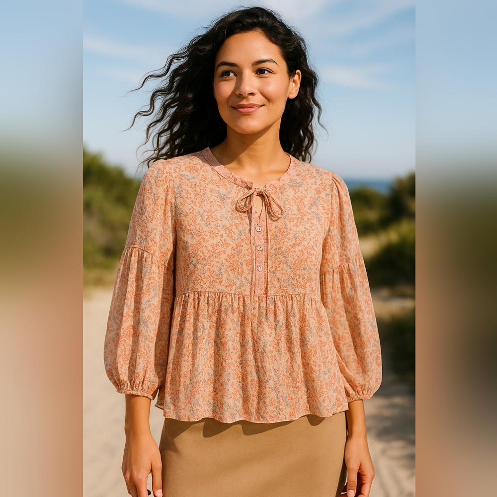 Easel Women’s Small Floral Blouse Button Front Peasant Top Boho Sheer Coral